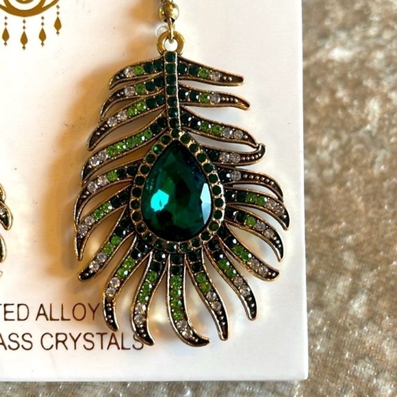 Brand New Eye Candy Crystal Peacock Feather Drop Earrings Green Sparkly - Picture 5 of 12